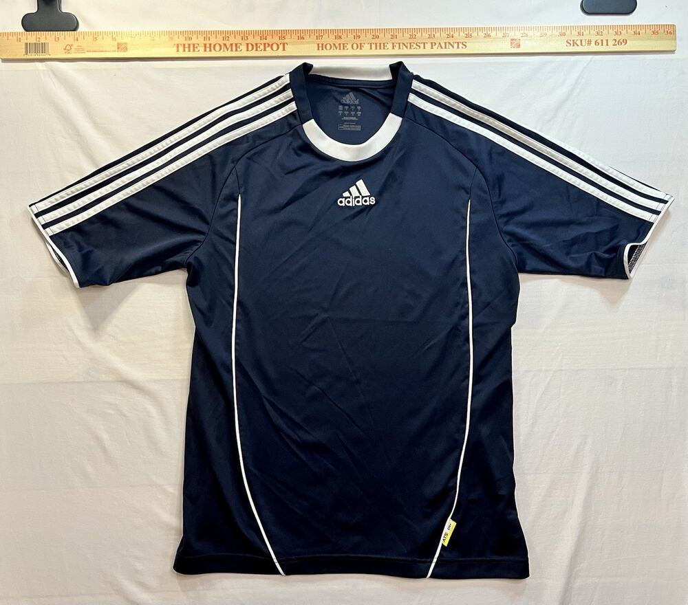 Vintage Adidas Soccer Jersey Men’s Small Navy Blue White 3 Stripe Athletic Shirt